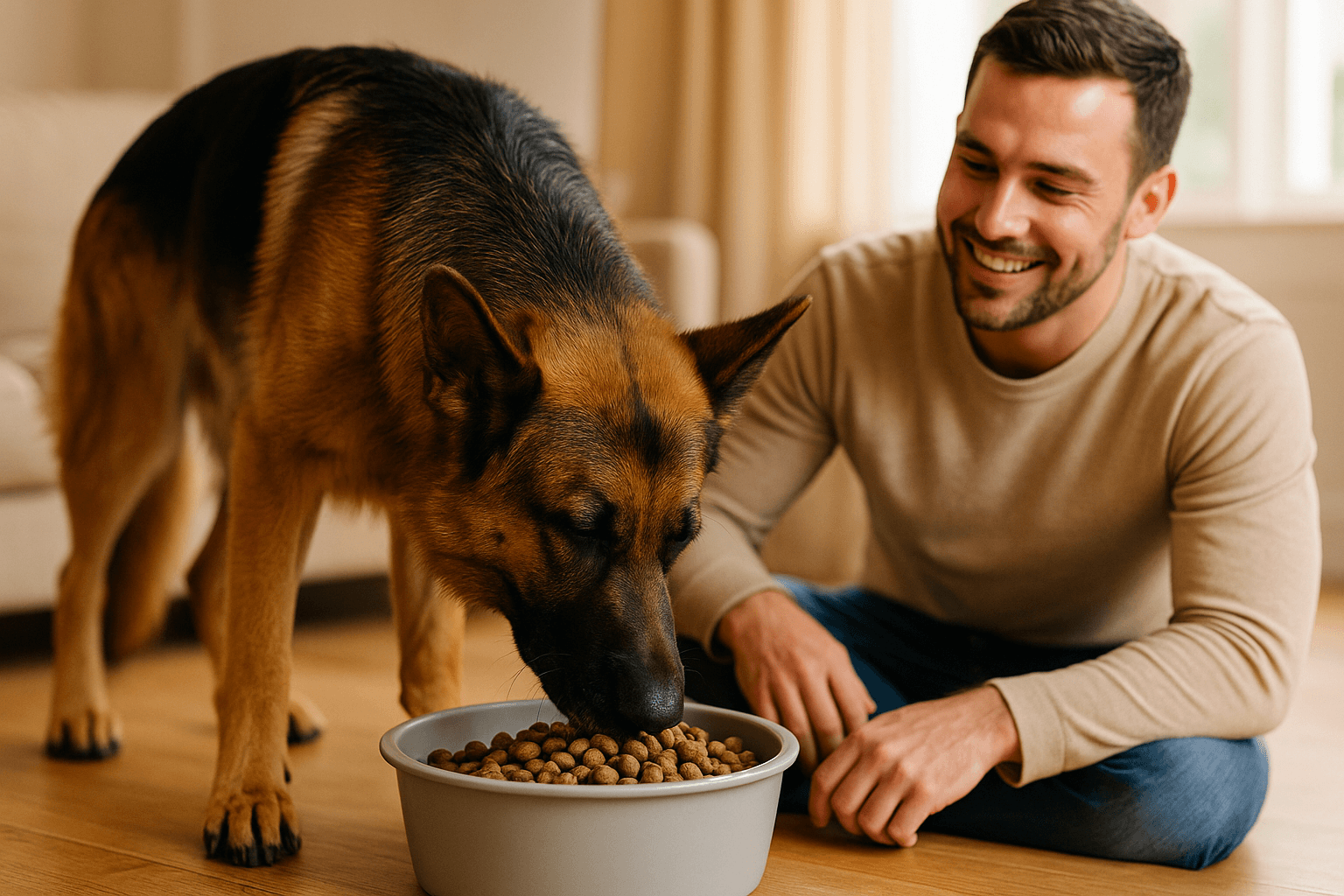 Perro de raza grande disfrutando de comida específica para su tamaño junto a su dueño
