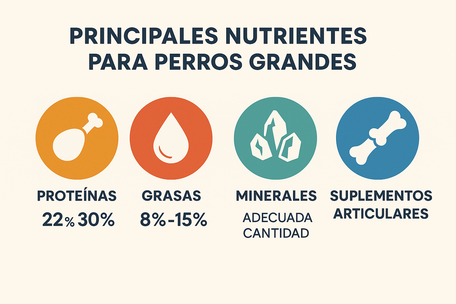 Infografía sobre los nutrientes esenciales en la alimentación de perros de razas grandes
