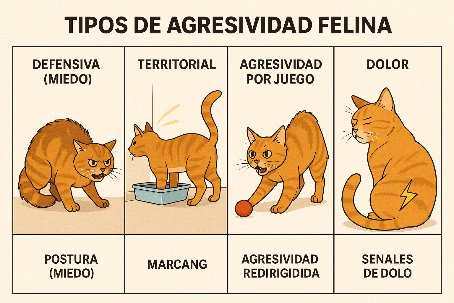 Tipos de agresividad en gatos adoptados: por miedo, territorial, por juego, redirigida y por dolor