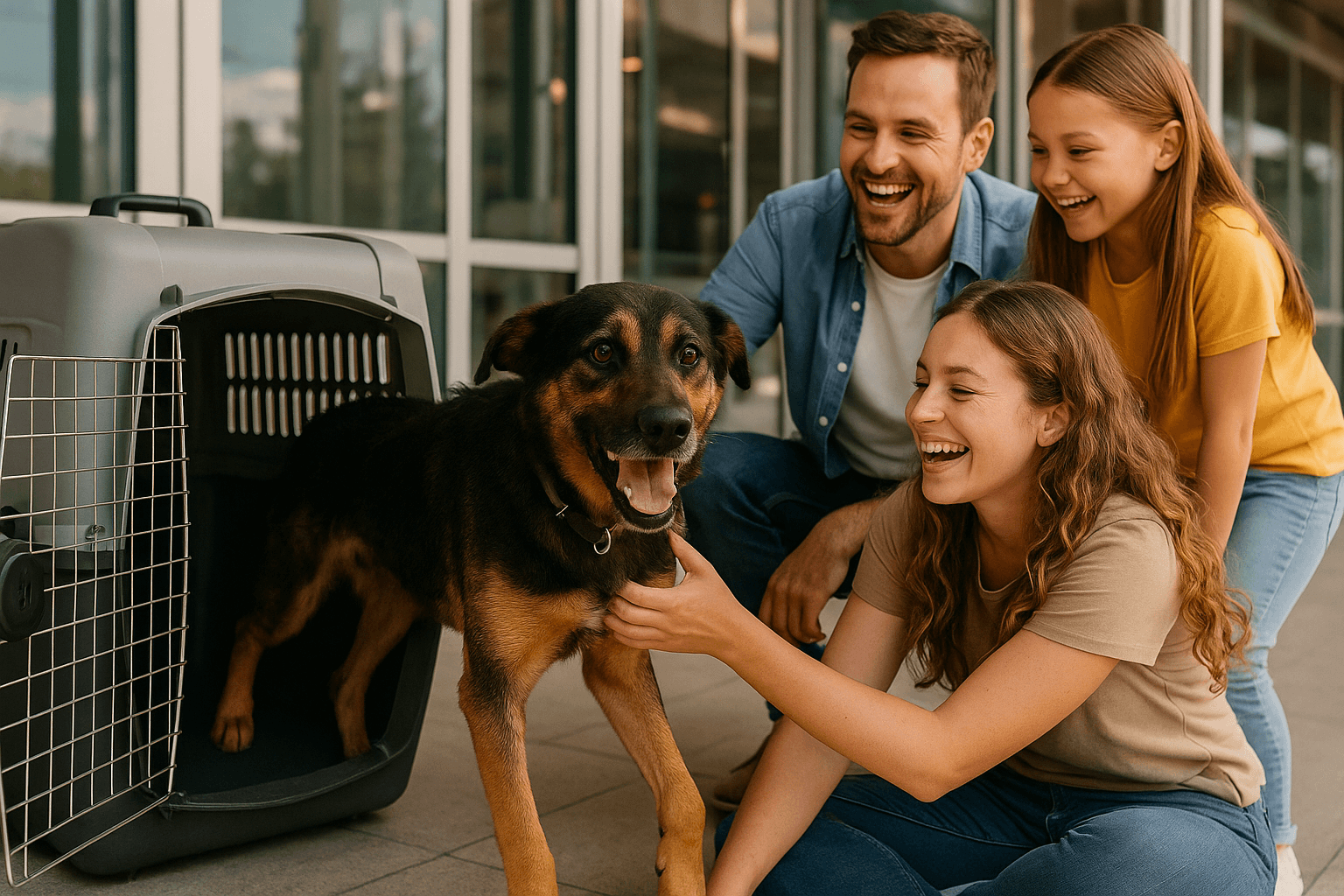 Emotivo momento de una adopción internacional de mascota: familia recibiendo a su perro rescatado en el aeropuerto