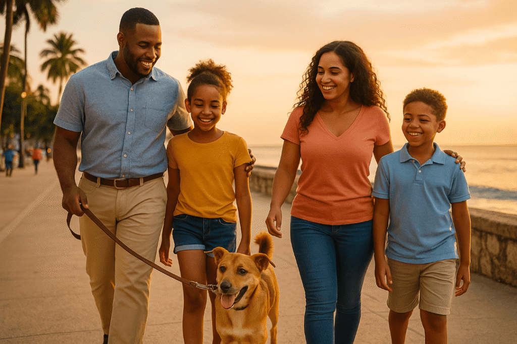 Familia dominicana feliz con su perro adoptado en el Malecón de Santo Domingo.
