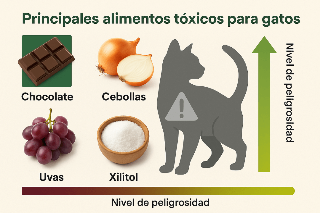 Crea una imagen en ratio 3:2 optimizada para web que muestre un gato con signos visibles de malestar como postura encorvada, pupilas dilatadas y babeo, junto a un conjunto de iconos que representan los diferentes síntomas de intoxicación (vómito, letargo, dificultad respiratoria, temblores), con un estilo realista pero no perturbador y colores que transmitan urgencia médica.