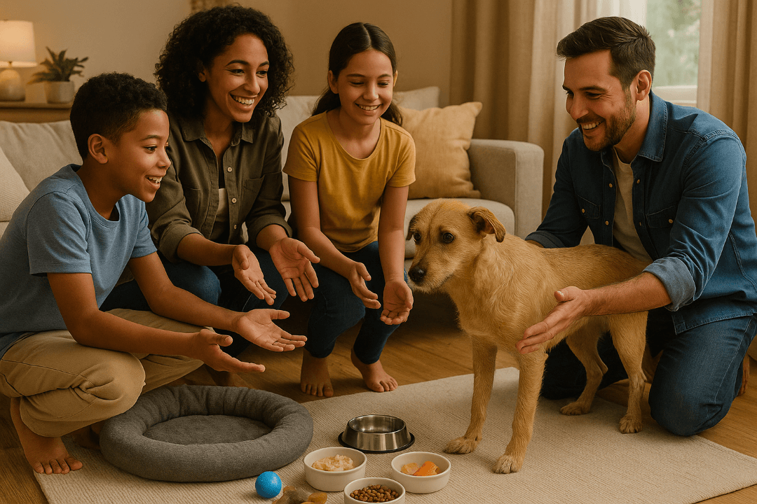 Familia dando la bienvenida a su mascota adoptada durante su primera semana en el nuevo hogar