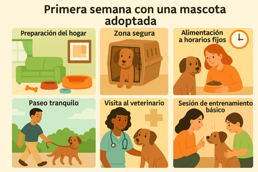 Infografía con los principales consejos para la primera semana con tu mascota adoptada