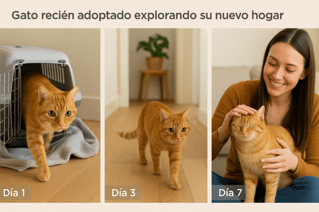 Progreso de adaptación de un gato durante su primera semana tras ser adoptado