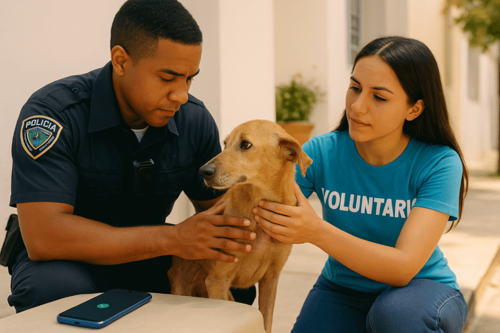 Rescate exitoso tras utilizar el teléfono para denunciar maltrato animal RD mostrando la colaboración entre autoridades y protectoras