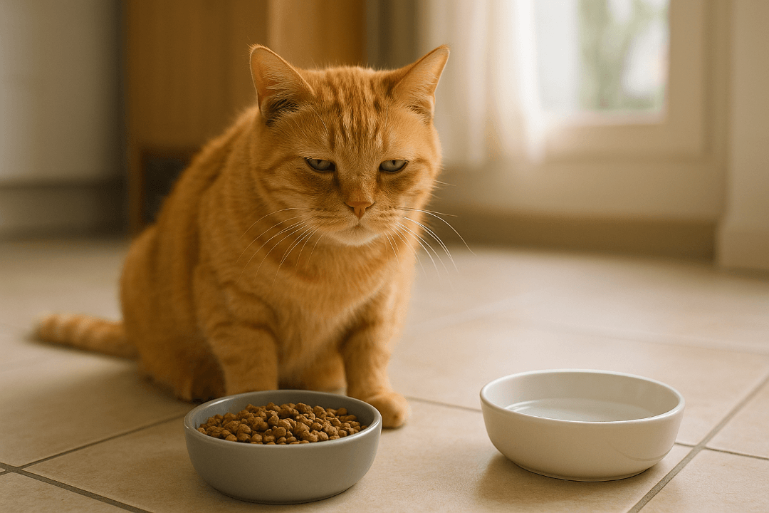 Gato mostrando síntomas de diabetes felina como sed excesiva y letargo.