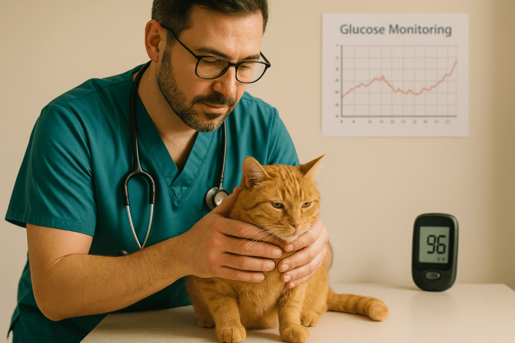 Monitoreo regular de glucosa en gatos diabéticos con supervisión veterinaria.