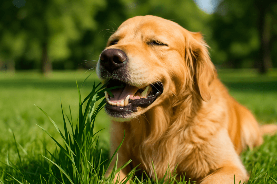 Perro golden retriever comiendo pasto en el parque - por qué mi perro come pasto
