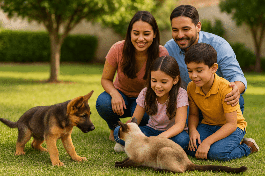 Familia supervisando adaptación entre perro y gato con paciencia y cuidado