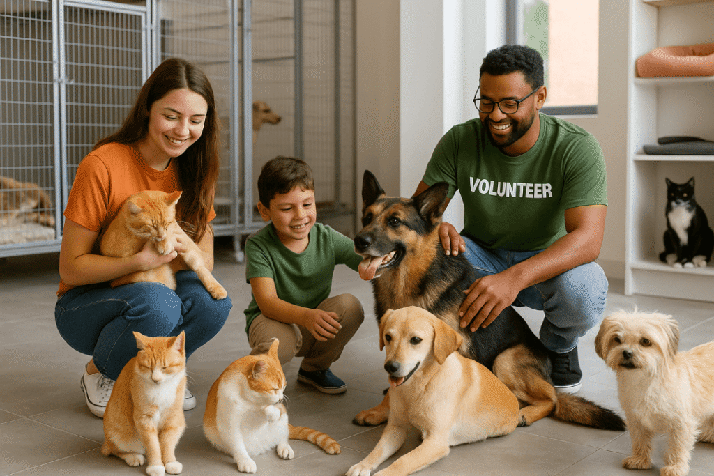 Refugio de animales mostrando convivencia exitosa entre perros y gatos rescatados