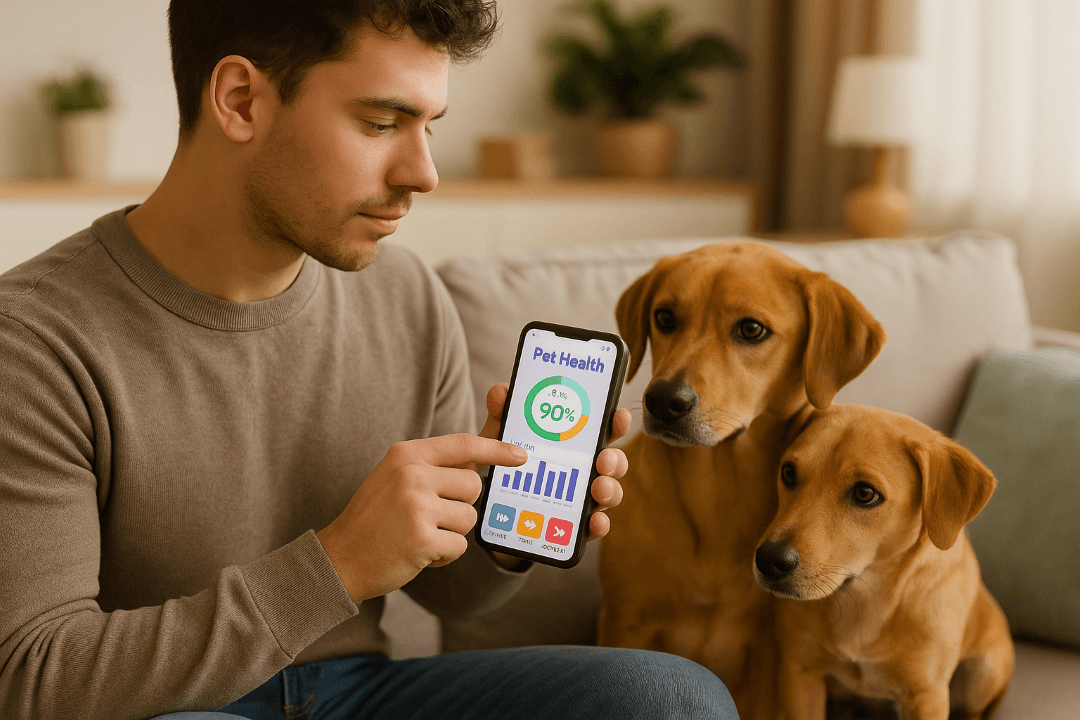 Tutor usando moderna app para gestionar la salud de su mascota en 2025