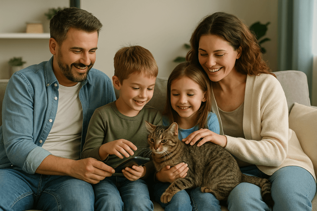 Familia disfrutando de los beneficios de adoptar un gato en su hogar