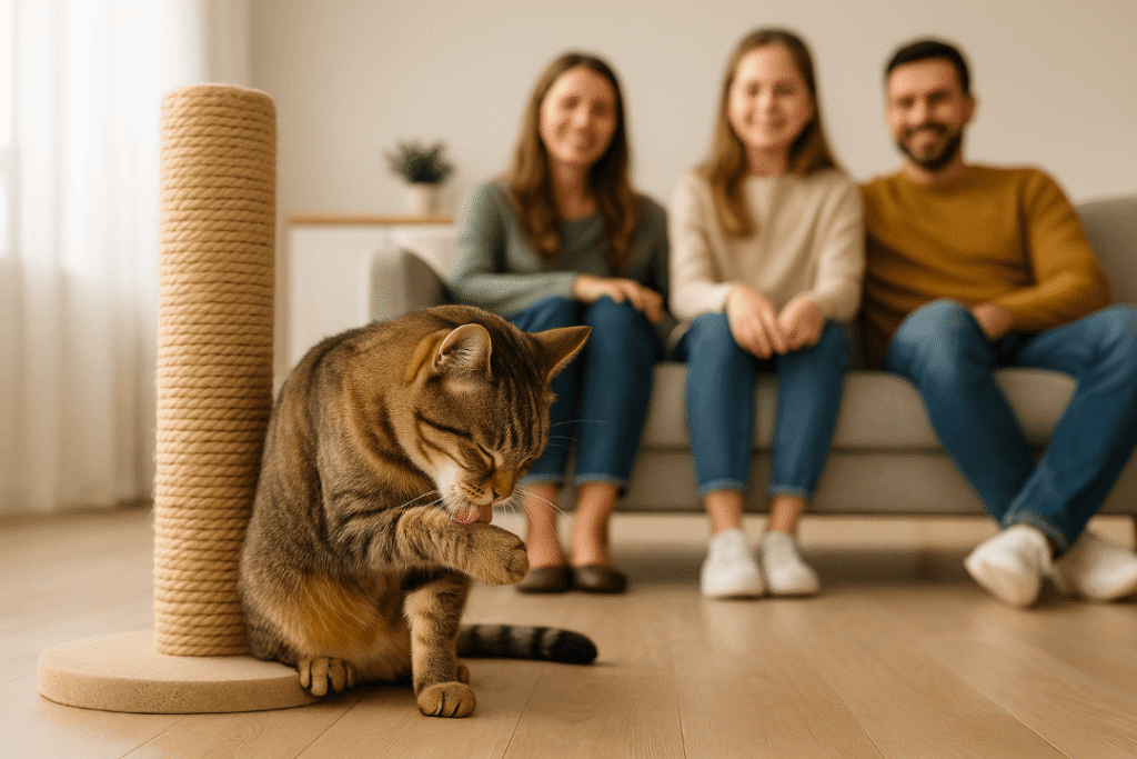 Gato conviviendo armoniosamente en un hogar familiar, desmintiendo mitos sobre su comportamiento