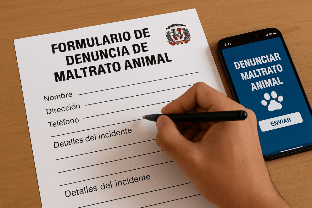 Proceso de denuncia de maltrato animal según la legislación de protección animal dominicana.