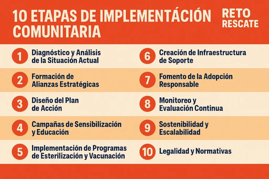 Infografía explicativa de las diez etapas de la estrategia comunitaria de Reto Rescate