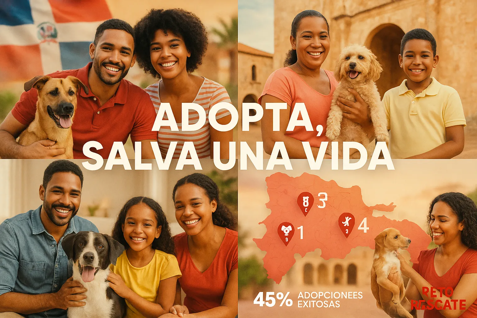 Familias dominicanas felices con perros adoptados representando el éxito del directorio adopción perros República Dominicana