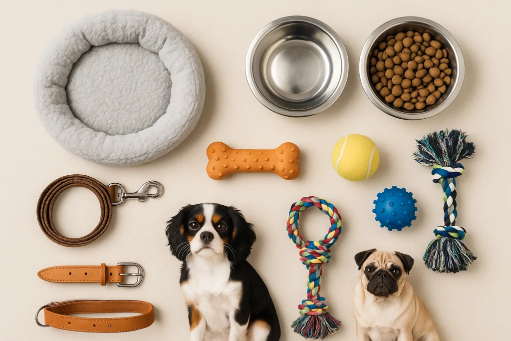 Cama, juguetes, correa y recipientes organizados para nueva mascota fácil de cuidar
