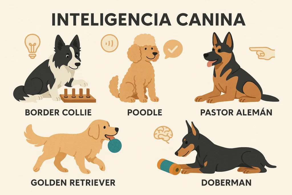 Diferentes razas de perros inteligentes interactuando con familias en ambiente hogareño