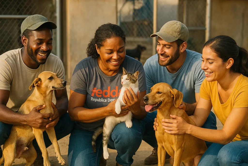 Rescatistas dominicanos de FEDDA trabajando en protección animal República Dominicana