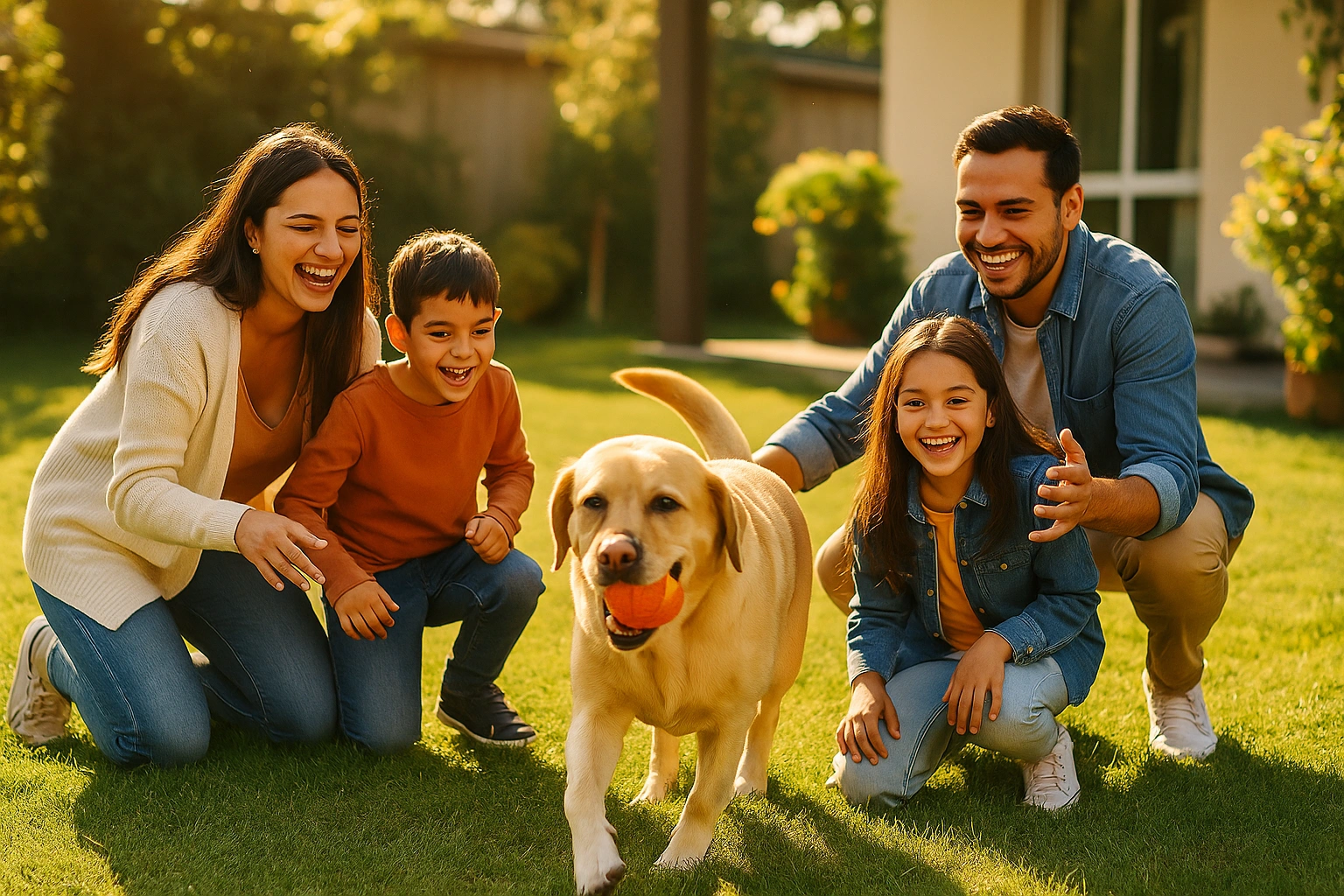 Familia sonriente jugando con Labrador Retriever en jardín - cuál raza de perro es más fácil de cuidar