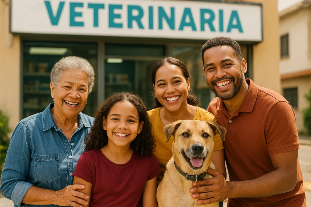 Familia dominicana satisfecha con servicios veterinarios económicos