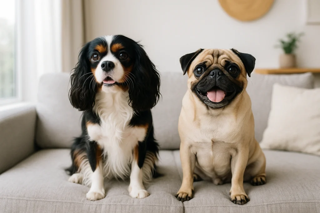 Cavalier King Charles Spaniel y Pug juntos mostrando razas pequeñas fáciles de cuidar