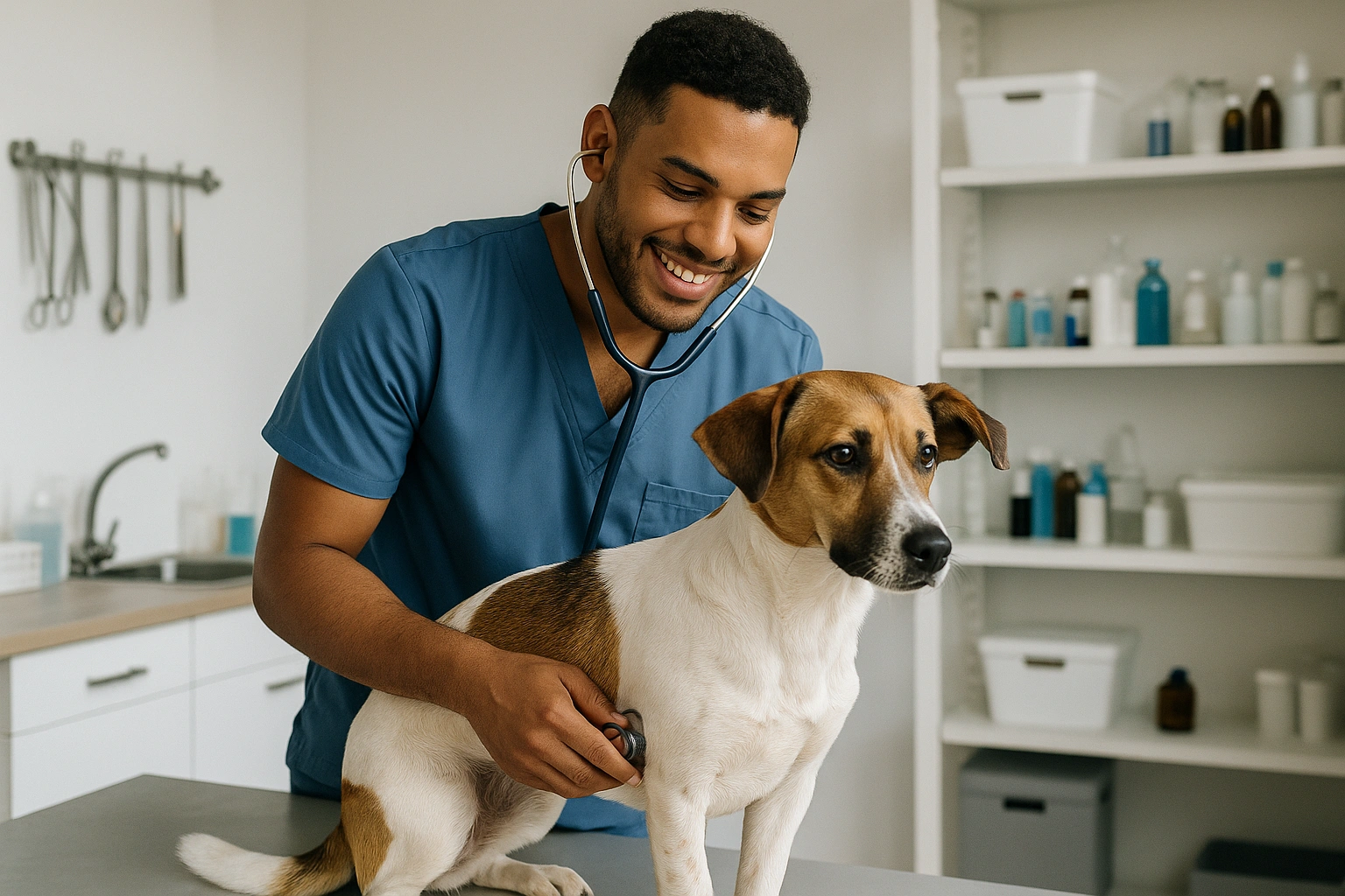 Veterinario económico en República Dominicana examinando perro en clínica accesible