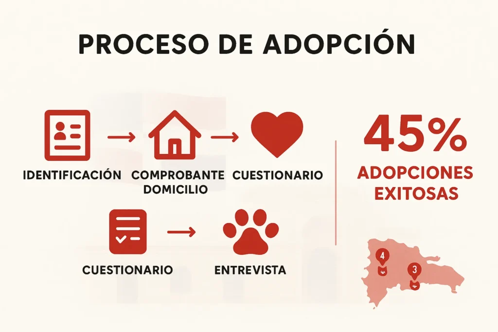 Infografía del proceso para adoptar perros en República Dominicana mostrando requisitos y pasos del directorio adopción mascotas