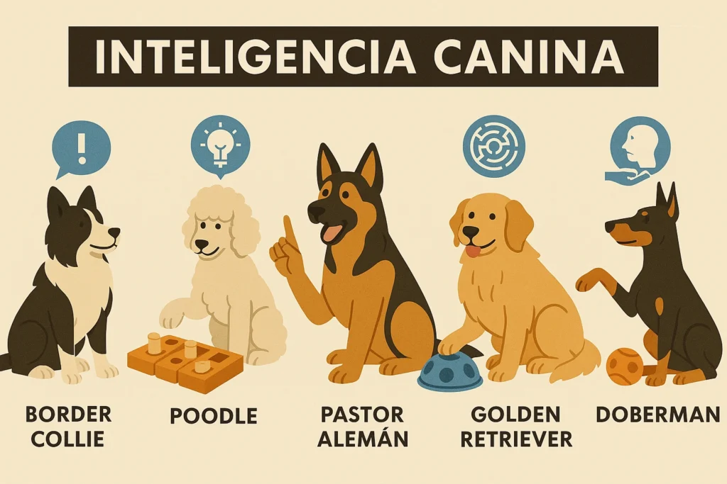 Infografía mostrando perros inteligentes realizando diferentes tipos de actividades mentales
