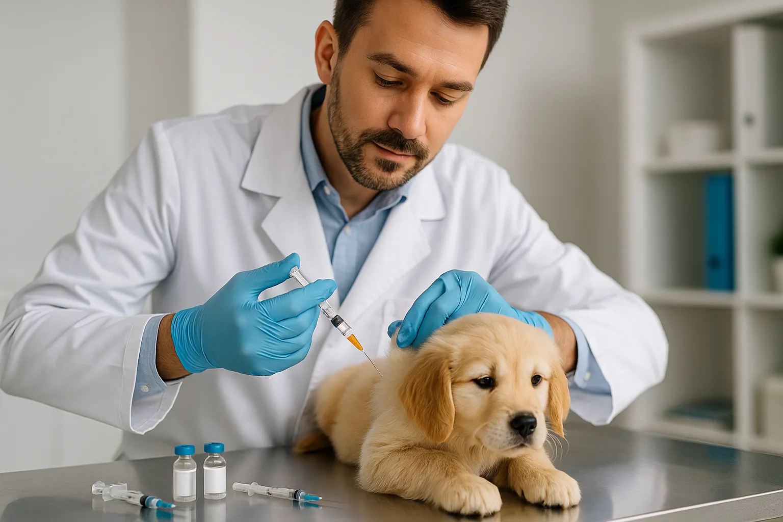 Veterinario aplicando vacuna a cachorro golden retriever de 8 semanas siguiendo calendario de vacunas para perros