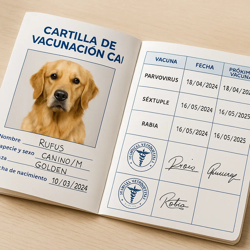 Cartilla sanitaria oficial para perros con registro completo de calendario de vacunas y sellos veterinarios