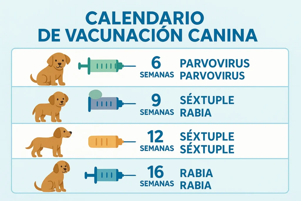 Infografía detallada del calendario de vacunas para perros mostrando fechas y tipos de vacunas desde las 6 semanas hasta edad adulta