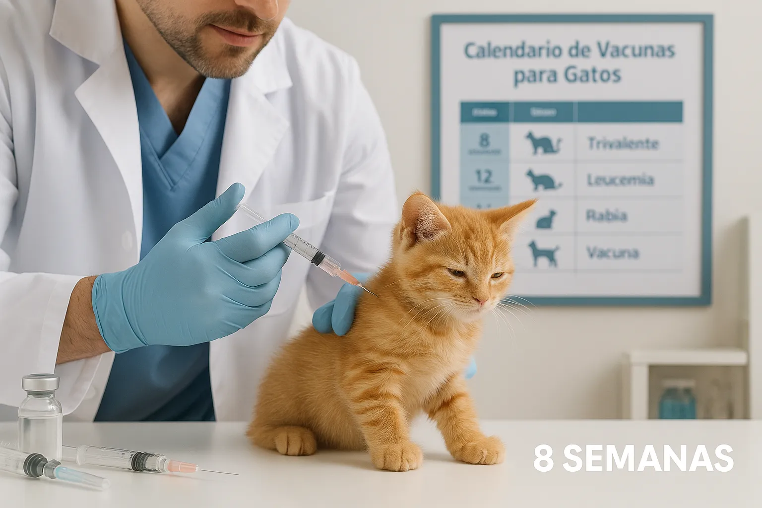 Veterinario aplicando vacuna trivalente a gatito de 8 semanas siguiendo calendario de vacunas para gatos