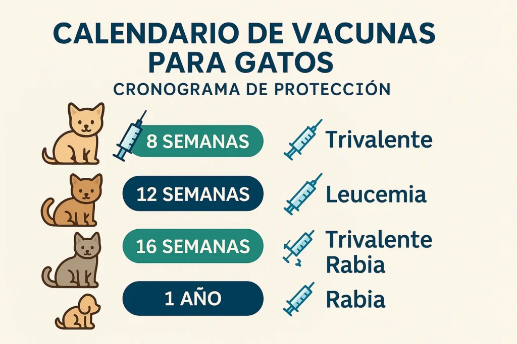 Infografía calendario de vacunas para gatos mostrando edades y tipos de inmunización requeridos