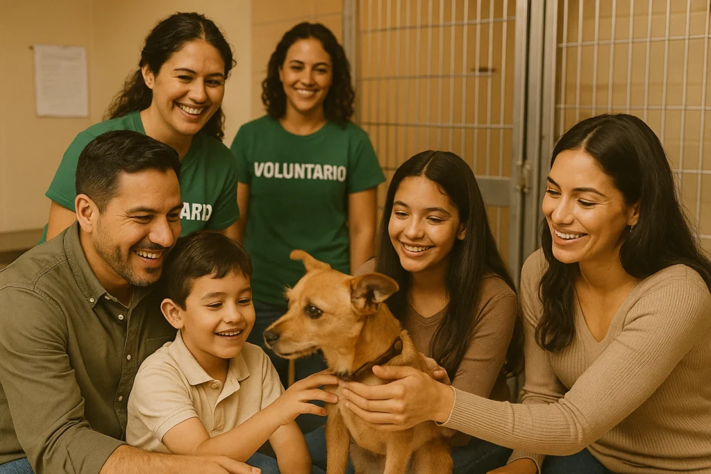 Proceso de adopción responsable de perros pequeños con familia y voluntarios de rescate animal