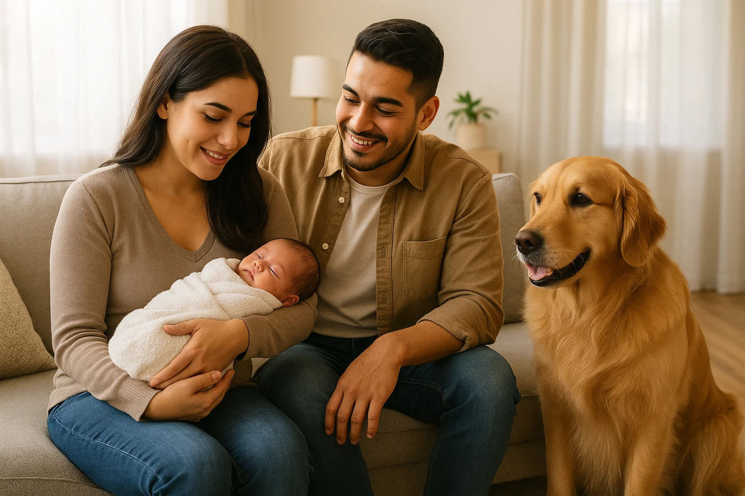 Familia presentando bebé a perro dorado en casa de forma segura