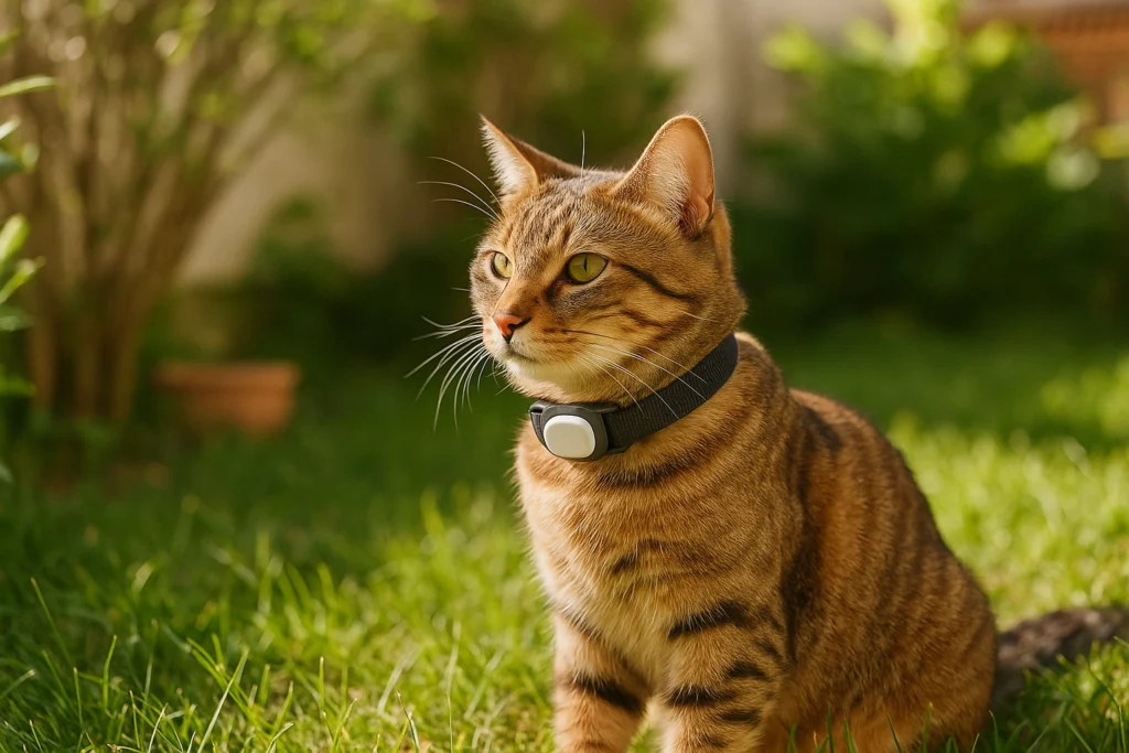 Gato con collar GPS seguro jardín exterior