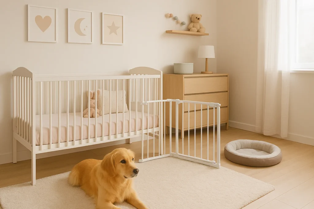 Habitación de bebé organizada con espacios seguros para mascota
