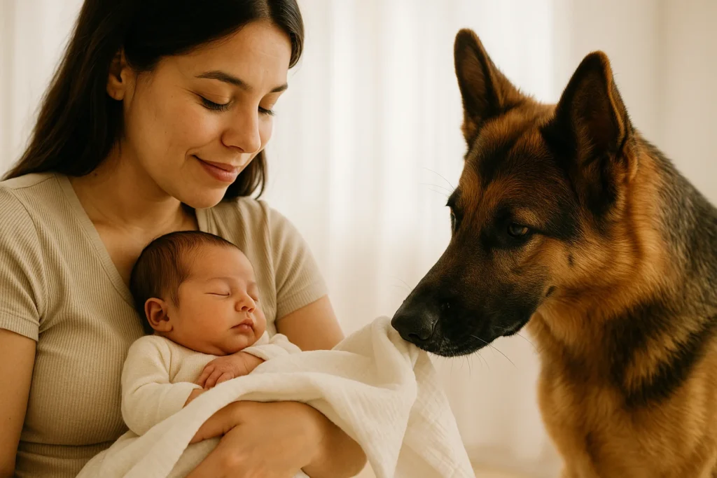 Primer encuentro supervisado entre bebé recién nacido y perro pastor alemán