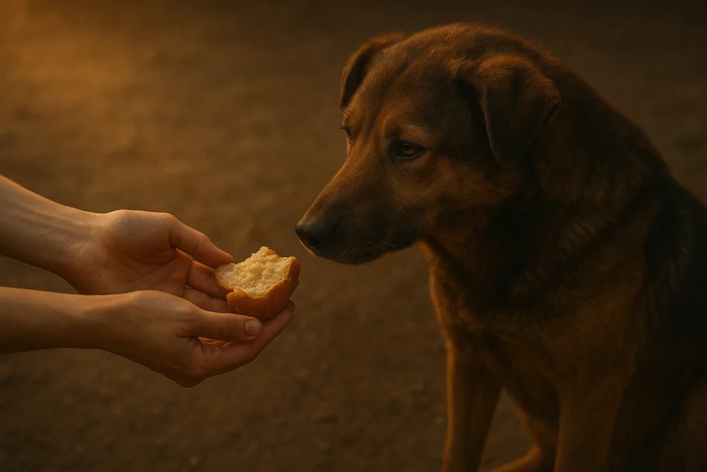 Acto de compasión hacia perro callejero mostrando servicio espiritual y amor incondicional