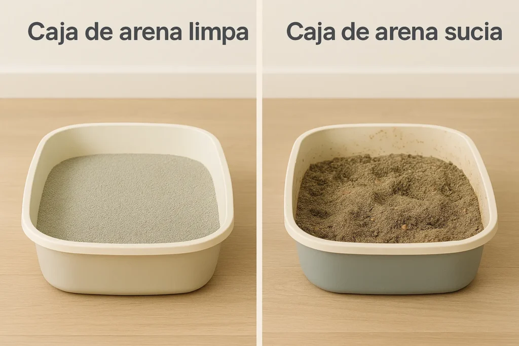 Comparación entre caja de arena limpia y sucia para gatos