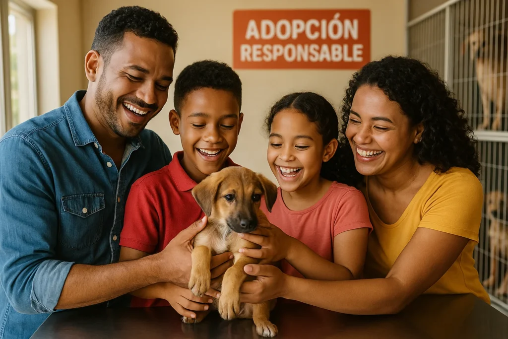 Familia adoptando cachorro refugio República Dominicana
