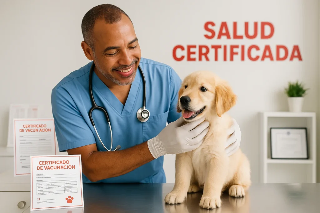 Veterinario examinando cachorro para venta legal República Dominicana
