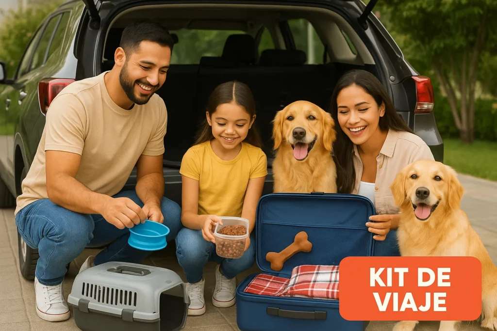 Familia preparando kit de viaje para mascota