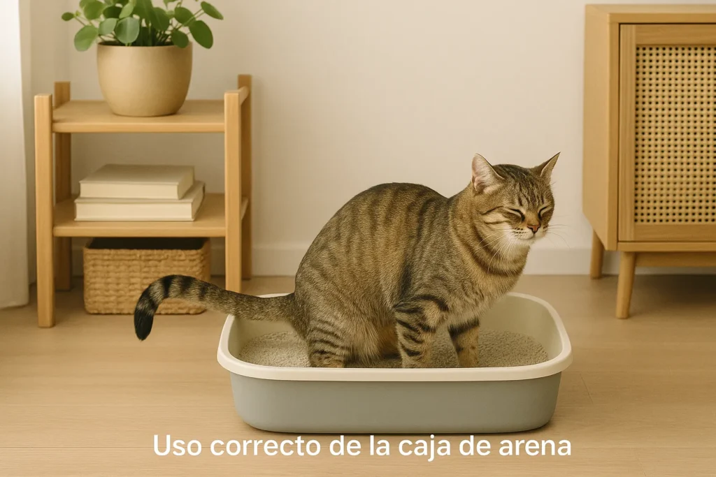 Gato usando correctamente su caja de arena en ambiente tranquilo