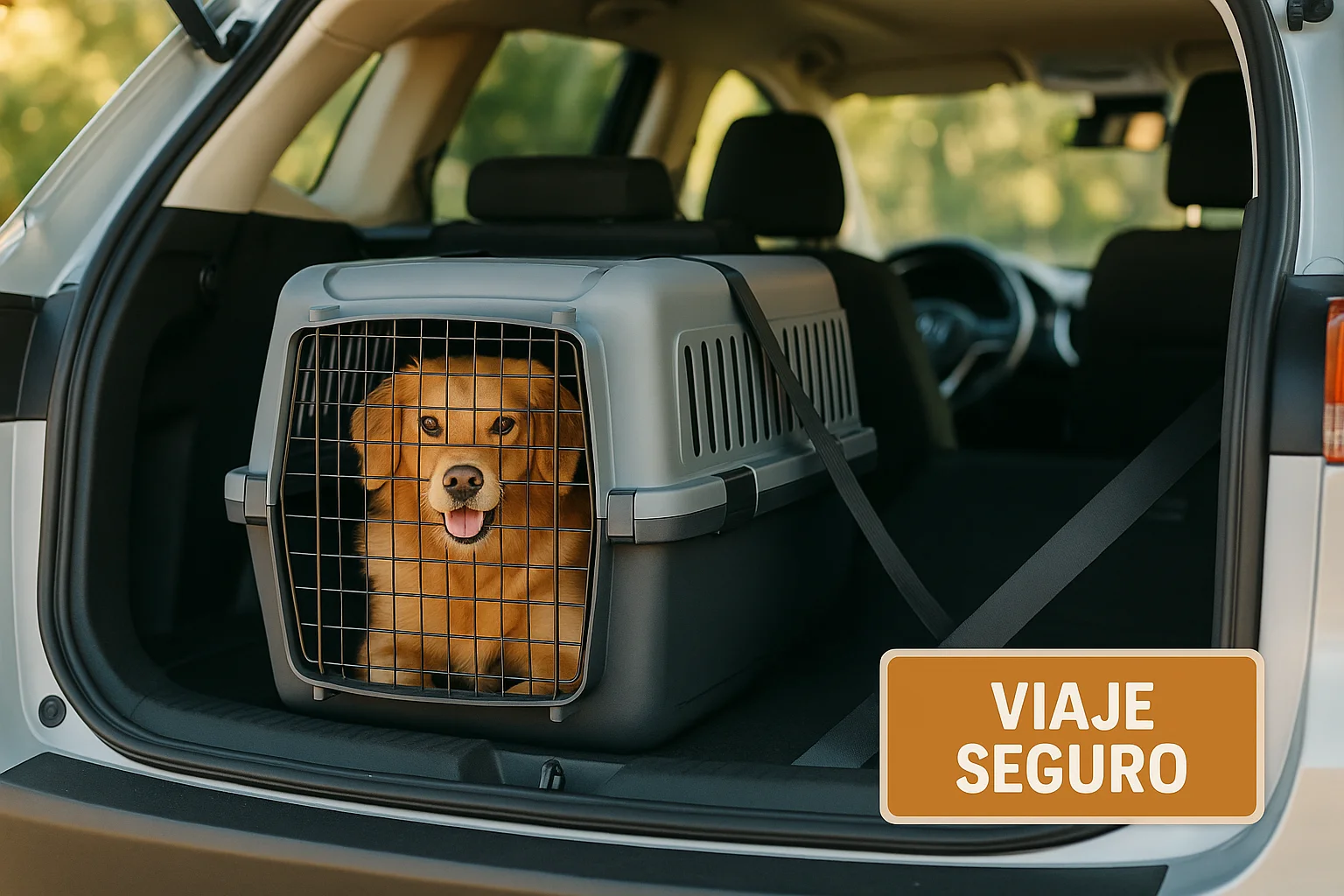 Perro viajando seguro en transportín dentro del coche