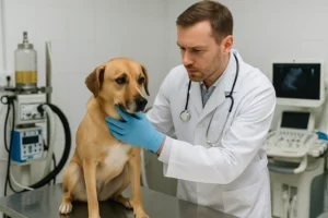 Veterinario aplicando primeros auxilios a perro envenenado en clínica de emergencia