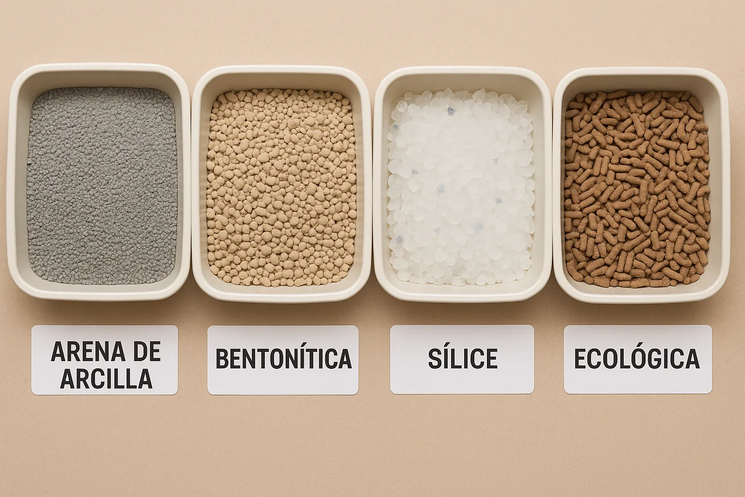 Comparación visual de arena de arcilla, sílice y ecológica para gatos en República Dominicana
