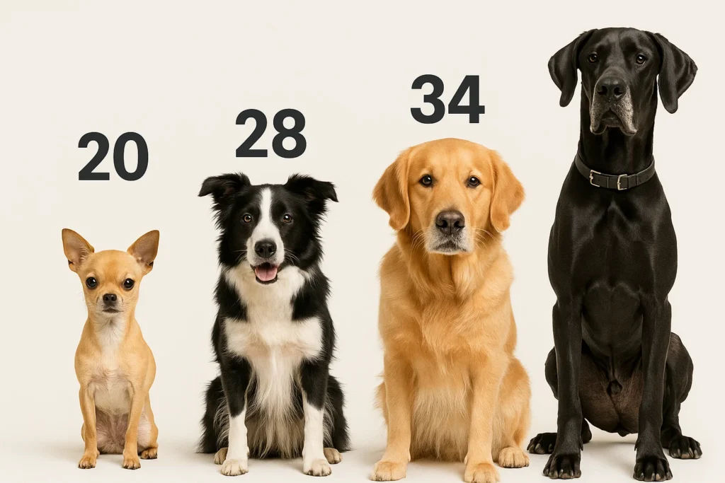 Cuatro perros de diferentes tamaños (pequeño, mediano, grande, gigante) con sus edades equivalentes mostradas.